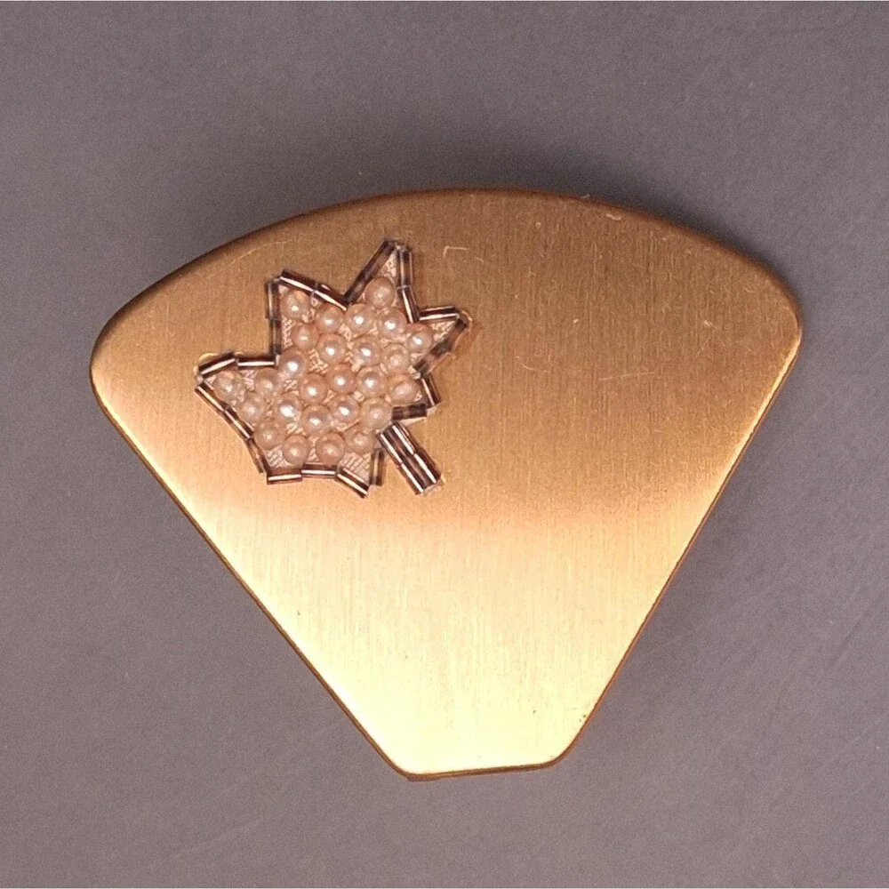 1950s Lipstick Holder Pearl Leaf Mirror Fan
